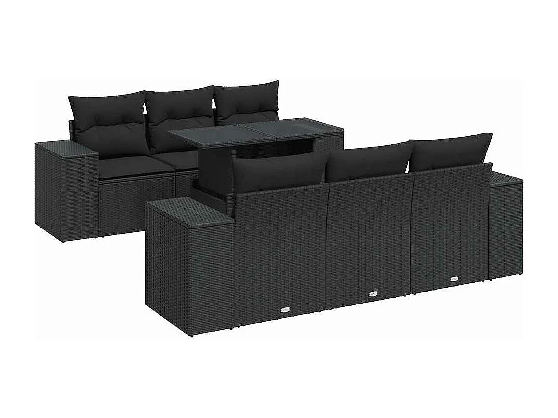 Conjunto de muebles de jardín de 7 piezas con cojines negros en resina trenzada