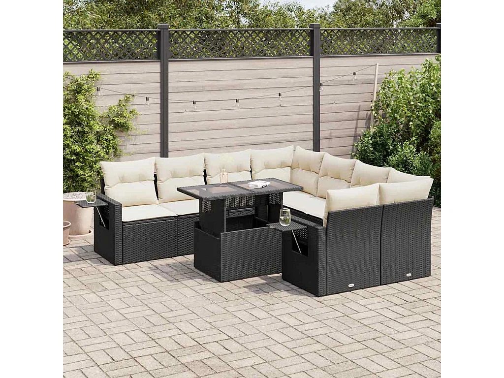 Salon de jardin 9 pcs avec coussins noir résine tressée