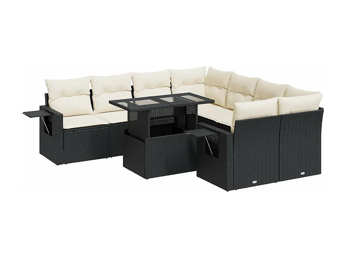 Salon de jardin 9 pcs avec coussins noir résine tressée