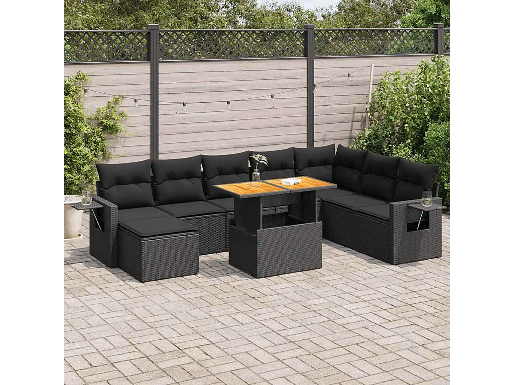 Salon de jardin 9 pcs avec coussins noir résine tressée