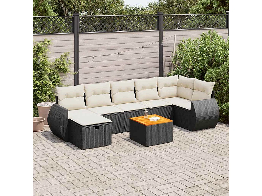 Conjunto de móveis de jardim de 8 peças com almofadas pretas em resina trançada