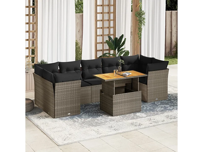 Salon de jardin 8 pcs avec coussins gris résine tressée
