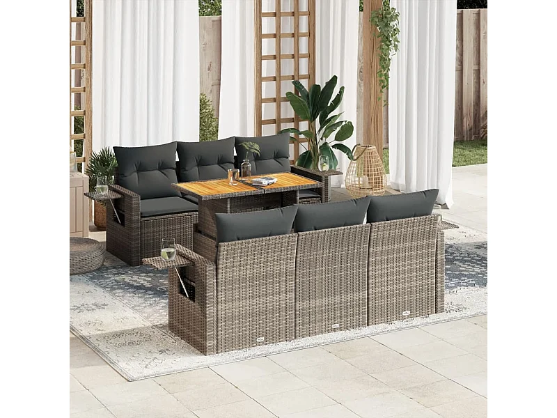 Set mobili da giardino con cuscini 7 pezzi in resina intrecciata grigia