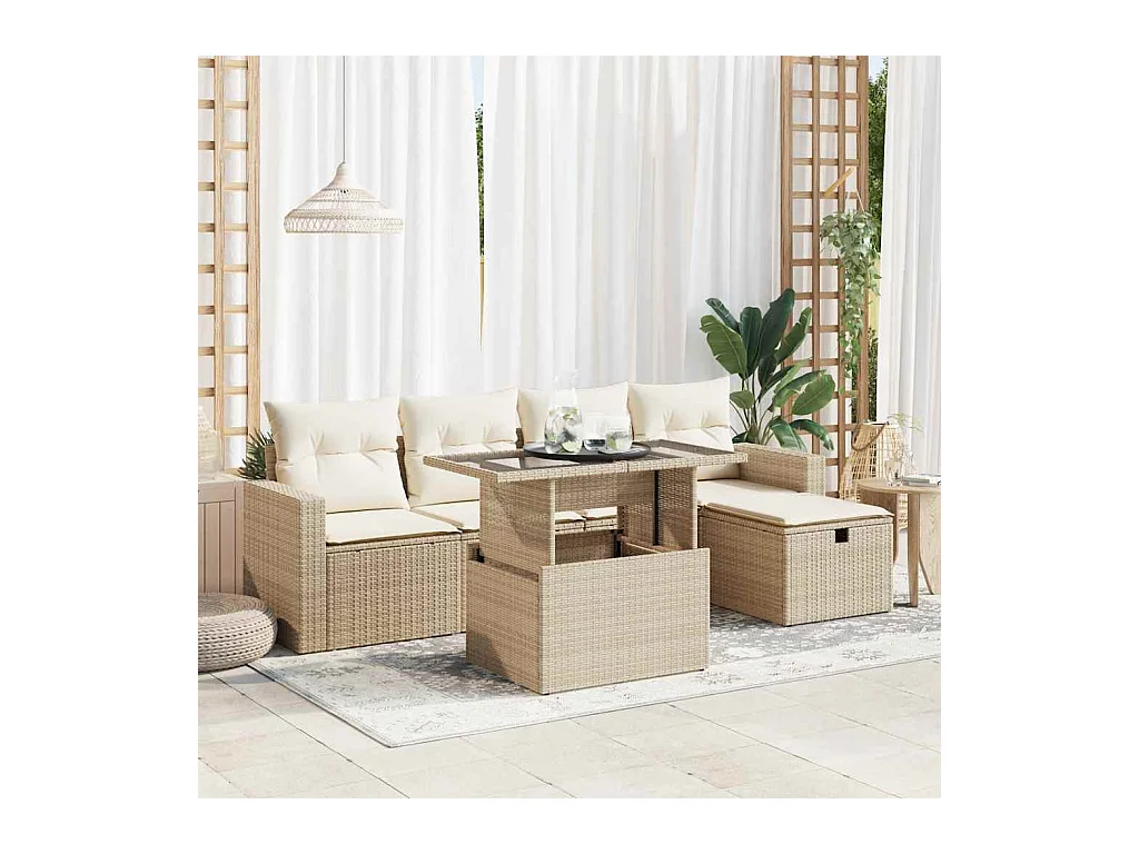 Gartenmöbel-Set mit Kissen 6-tlg. beige gewebtes Harz