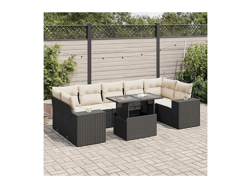 Salon de jardin 8 pcs avec coussins noir résine tressée