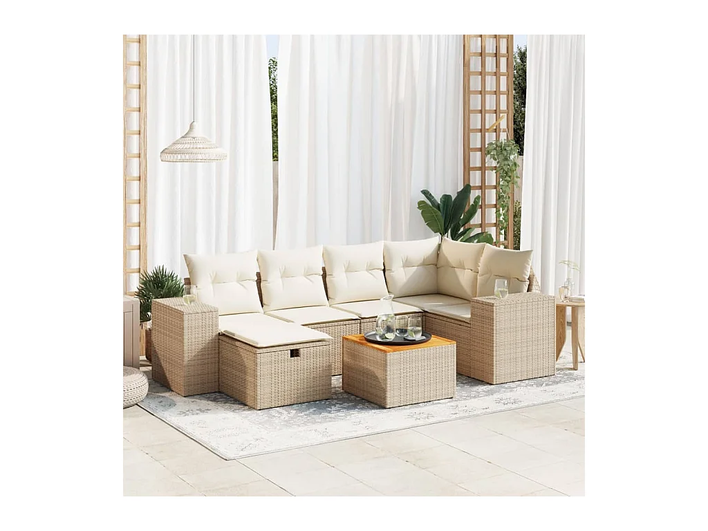 Salon de jardin avec coussins 7 pcs beige résine tressée