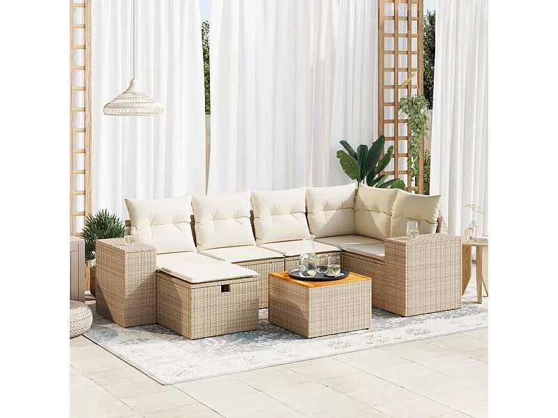 Conjunto de muebles de jardín con cojines 7 piezas resina tejida beige