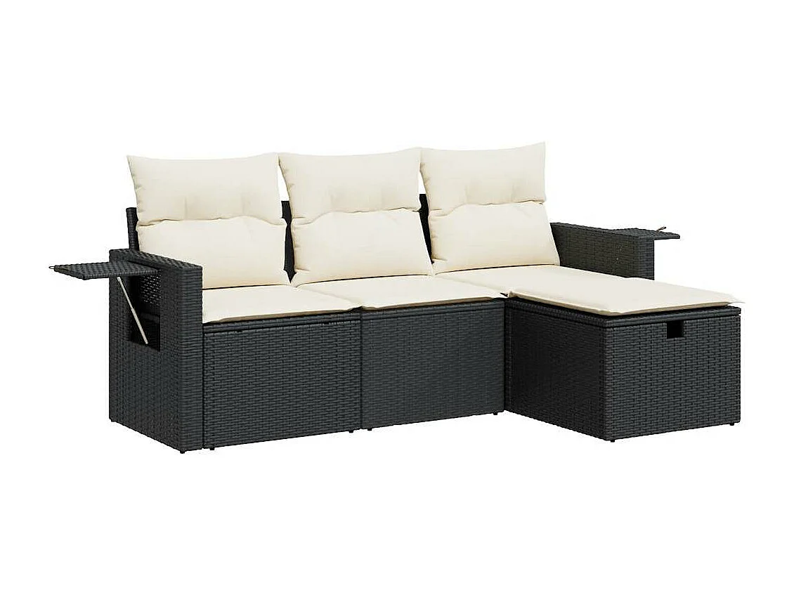 Set di mobili da giardino 4 pezzi con cuscini neri in resina intrecciata