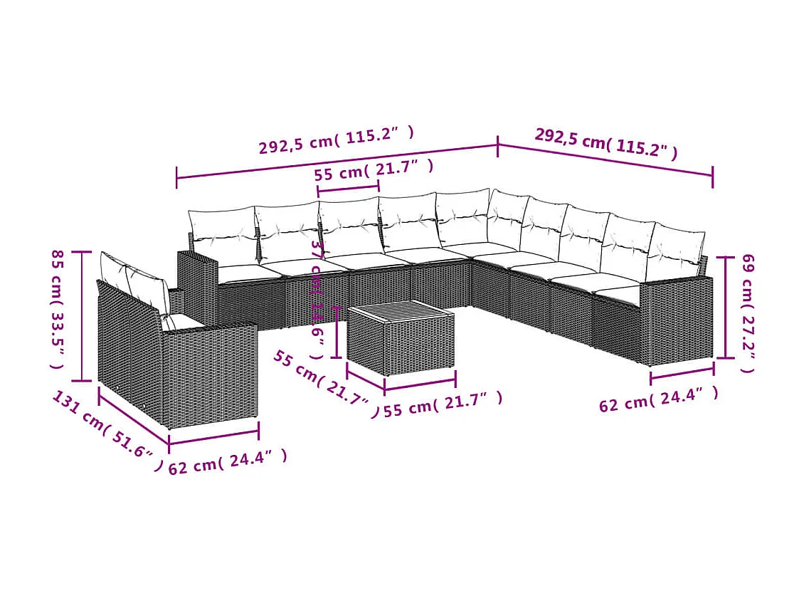 Conjunto de muebles de jardín con cojines 12 piezas resina tejida gris