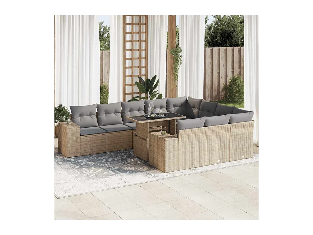 Set di mobili da giardino da 11 pezzi con cuscini in vimini di resina beige