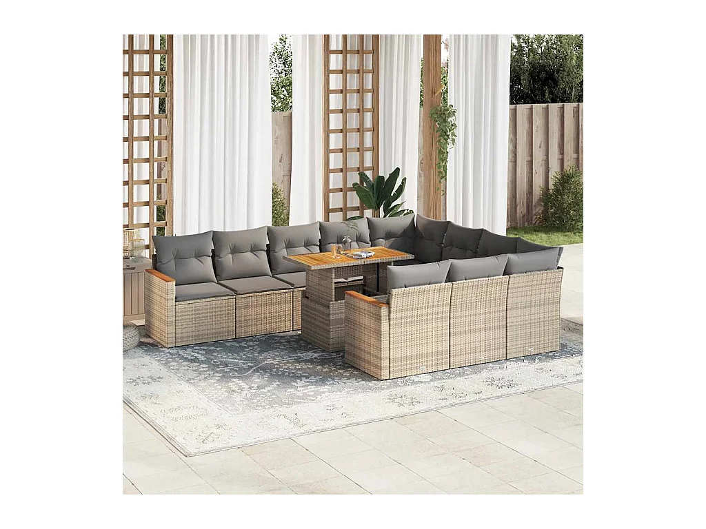 Salon de jardin 11pcs avec coussins beige résine tressée acacia