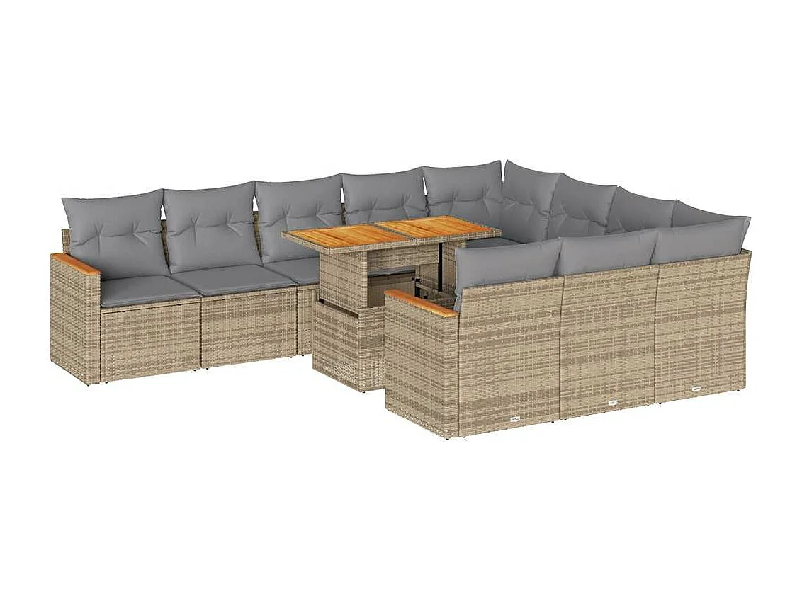 Salon de jardin 11pcs avec coussins beige résine tressée acacia