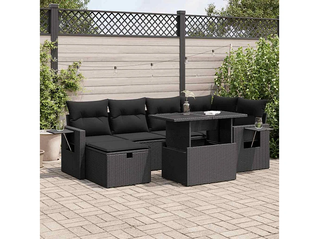 7-teiliges Gartenmöbelset mit schwarzen Kissen aus gewebtem Harz