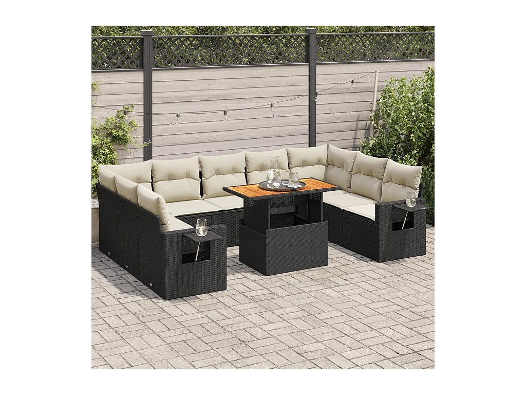 Salon de jardin 10 pcs avec coussins noir résine tressée
