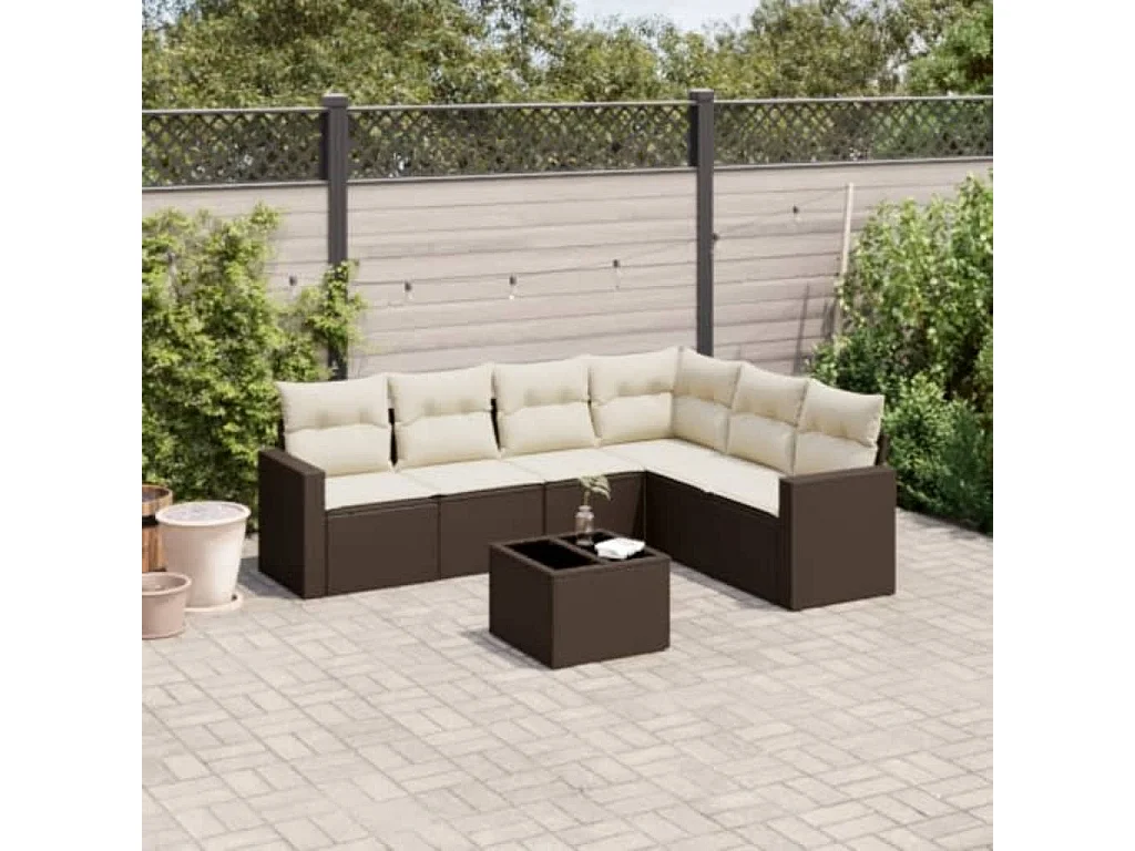 Salon de jardin avec coussins 7 pcs marron résine tressée