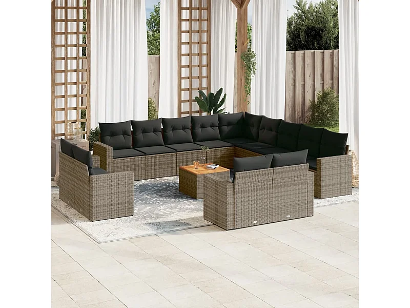 Salon de jardin avec coussins 14 pcs gris résine tressée