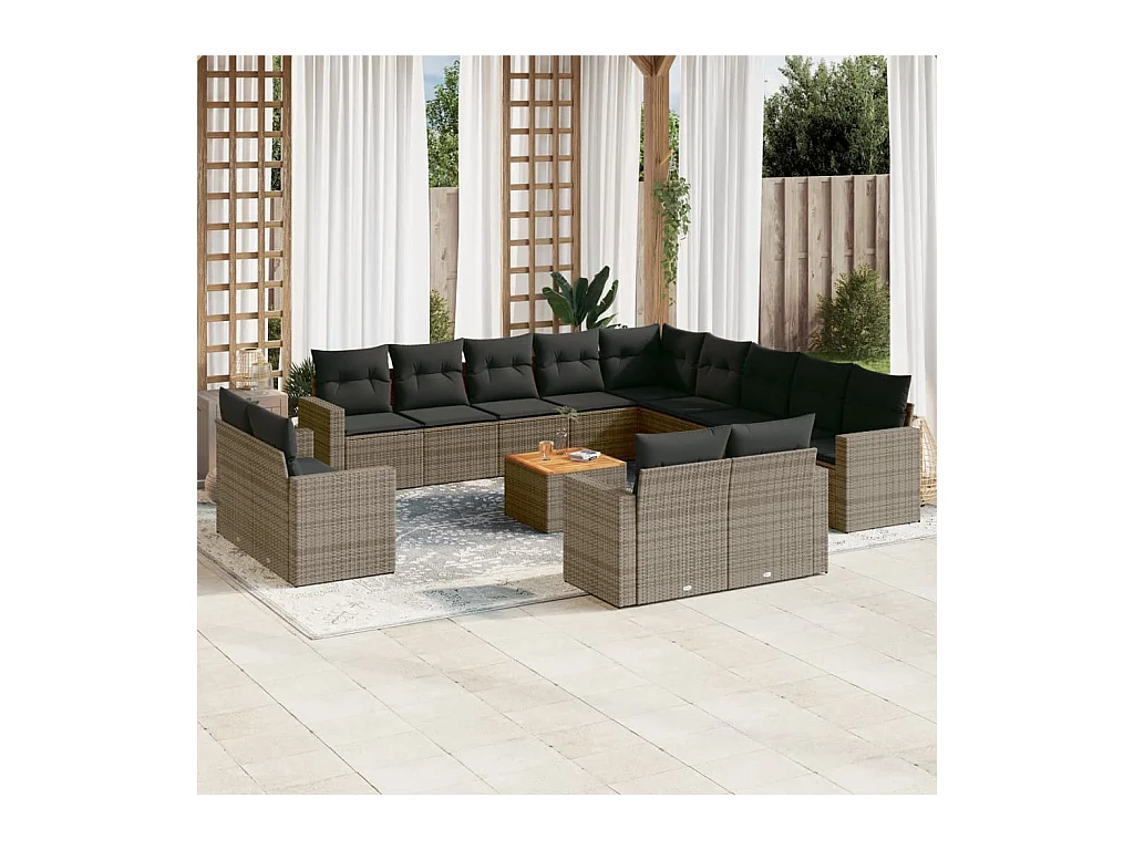 Salon de jardin avec coussins 14 pcs gris résine tressée