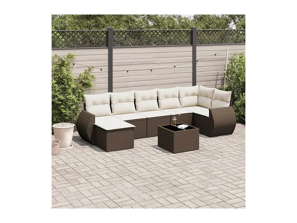 Set di mobili da giardino da 8 pezzi con cuscini marroni in resina intrecciata