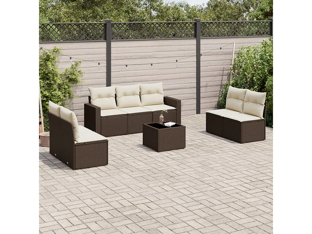Salon de jardin 8 pcs avec coussins marron résine tressée