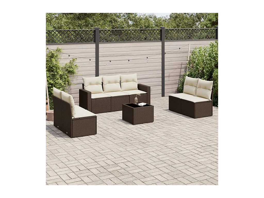 Set di mobili da giardino da 8 pezzi con cuscini marroni in resina intrecciata