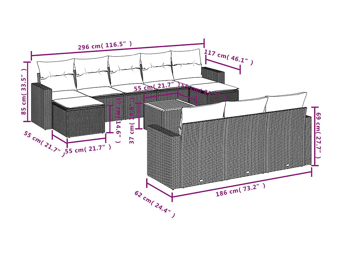Salon de jardin 11 pcs avec coussins gris résine tressée