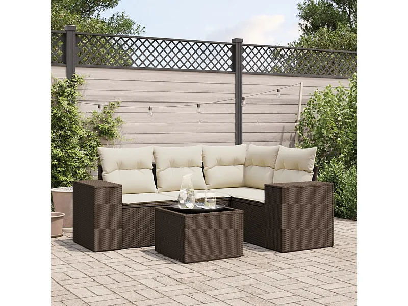 Salon de jardin avec coussins 5 pcs marron résine tressée