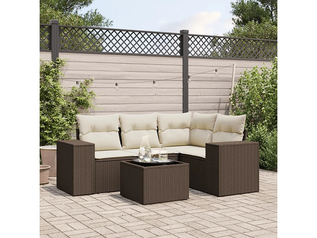 Salon de jardin avec coussins 5 pcs marron résine tressée