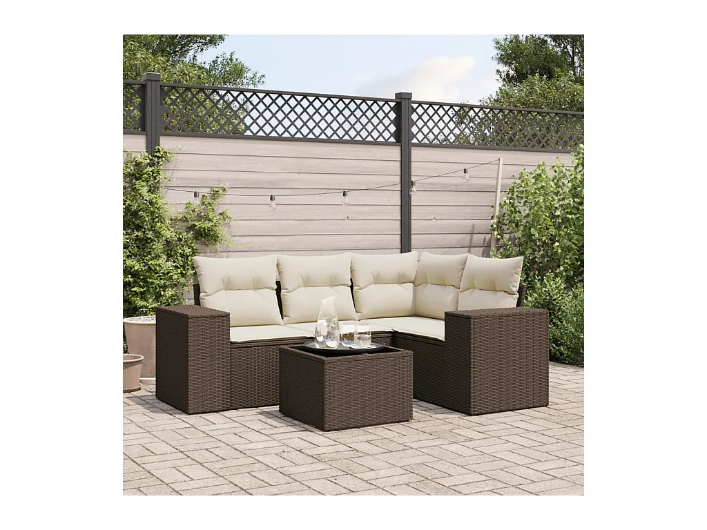 Salon de jardin avec coussins 5 pcs marron résine tressée