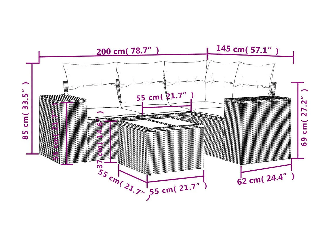 Salon de jardin avec coussins 5 pcs marron résine tressée