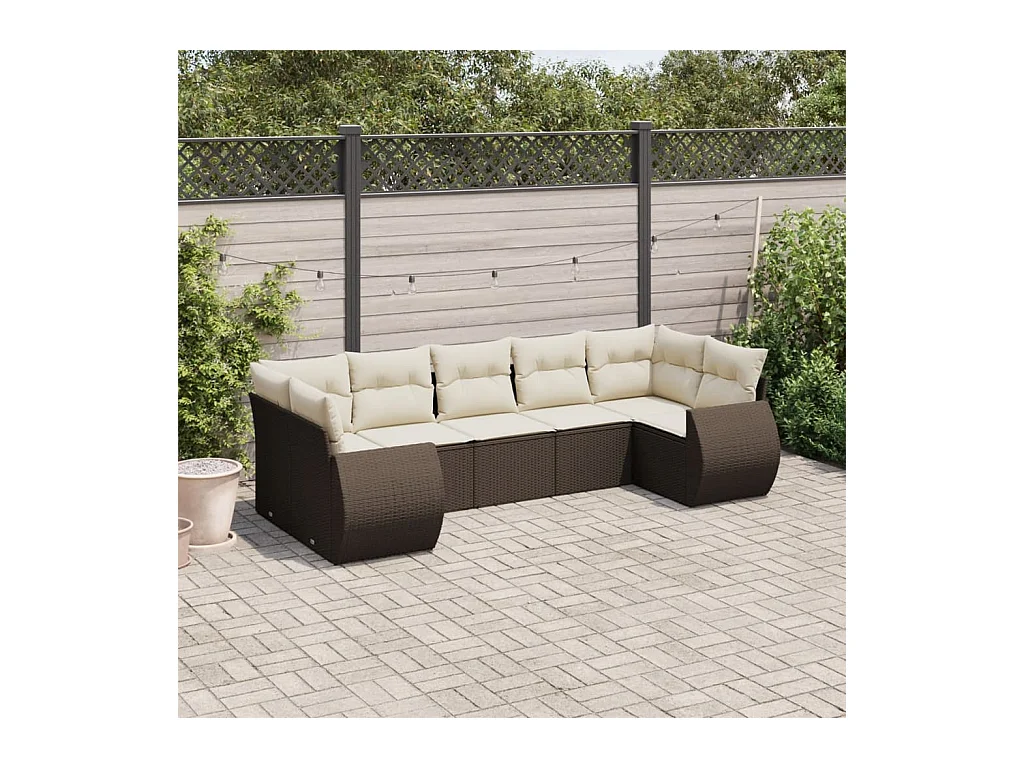 Salon de jardin avec coussins 7 pcs marron résine tressée