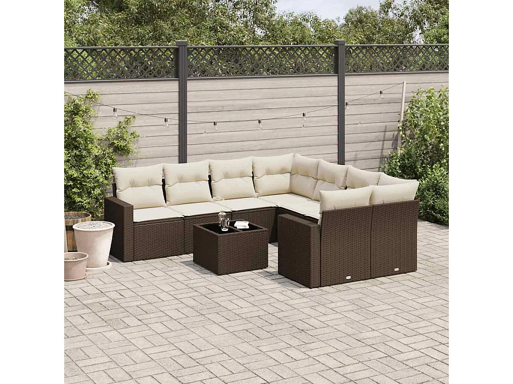Salon de jardin avec coussins 9 pcs marron résine tressée