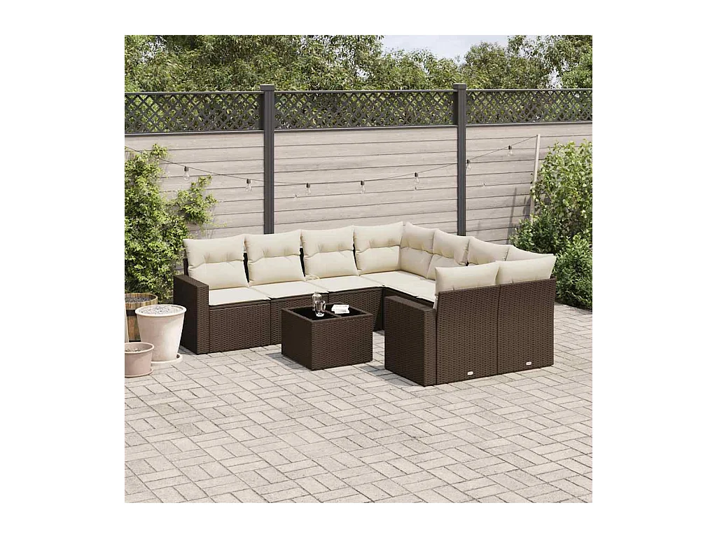 Set mobili da giardino con cuscini 9 pezzi in vimini marrone resina
