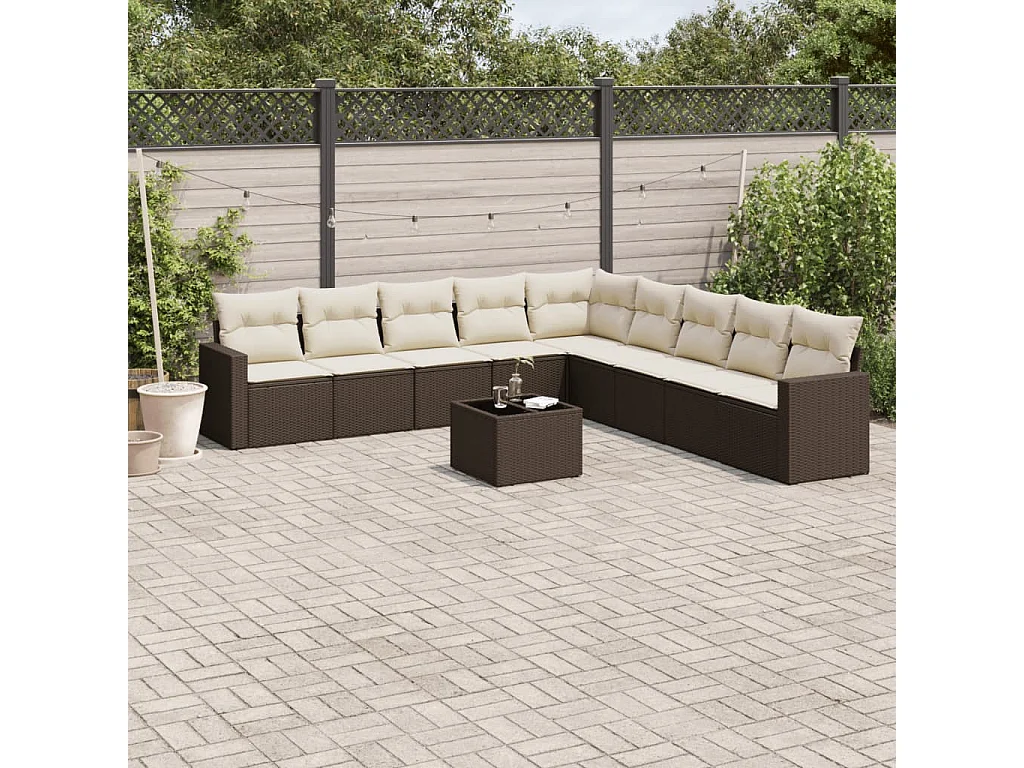 Salon de jardin 10 pcs avec coussins marron résine tressée