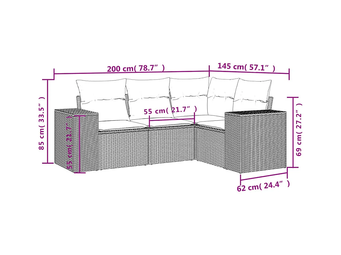 Set di mobili da giardino 4 pezzi con cuscini marroni in resina intrecciata