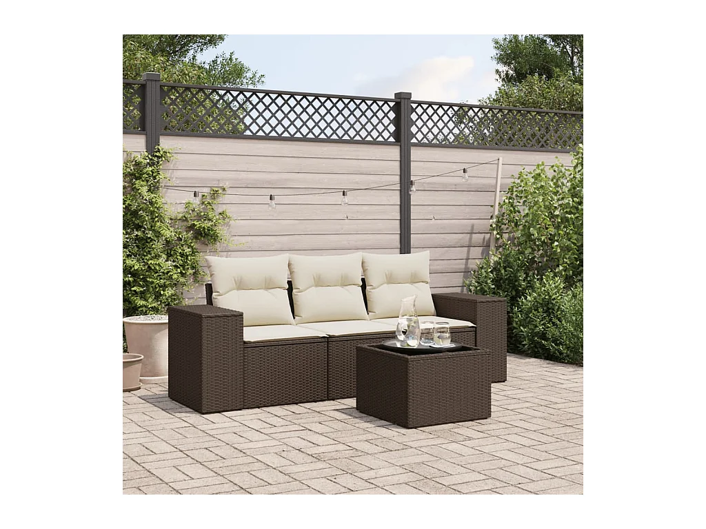 Set di mobili da giardino 4 pezzi con cuscini marroni in resina intrecciata