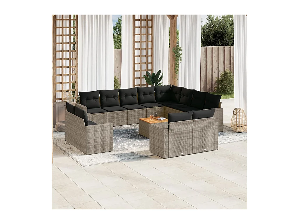 Salon de jardin avec coussins 13 pcs gris résine tressée