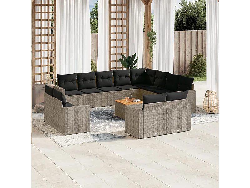 Salon de jardin avec coussins 13 pcs gris résine tressée