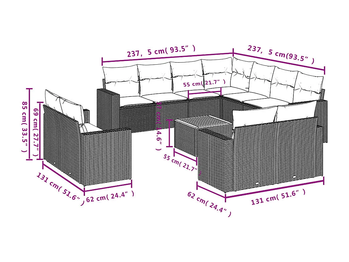 Set di mobili da giardino con cuscini 12 pezzi in resina intrecciata grigia