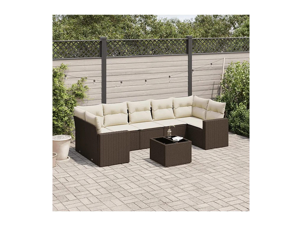 Salon de jardin 8 pcs avec coussins marron résine tressée