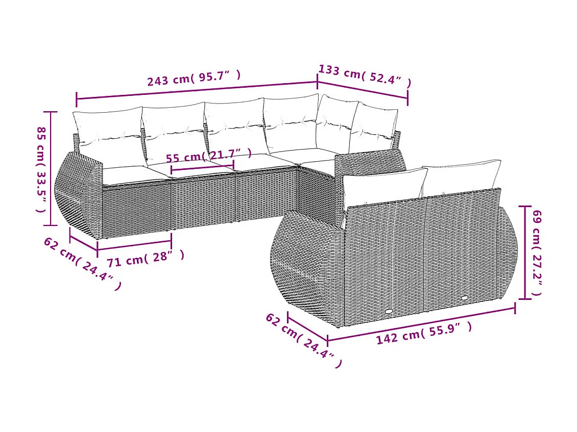 Gartenmöbel-Set mit Kissen 7-tlg. braunes Korbgeflecht