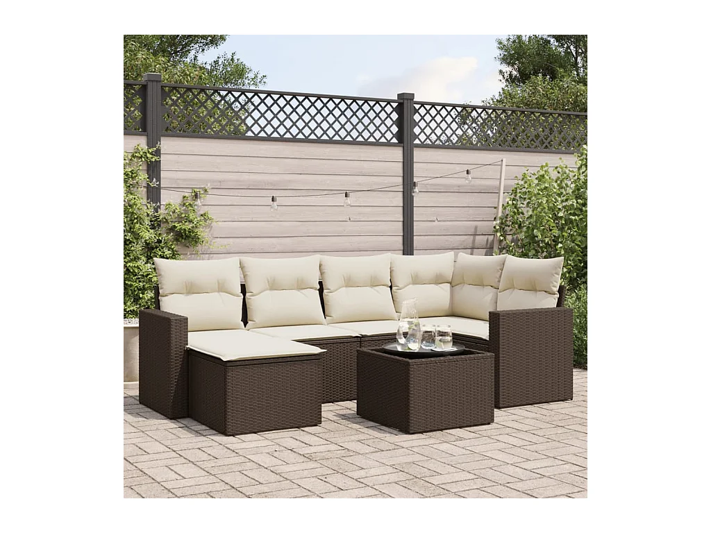 Set mobili da giardino con cuscini 7 pz in resina vimini marrone