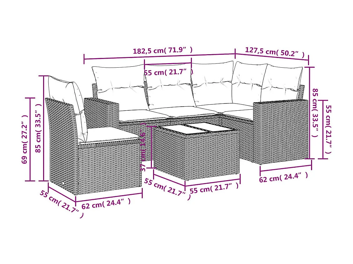 Set di mobili da giardino con cuscini 6 pezzi in resina intrecciata marrone