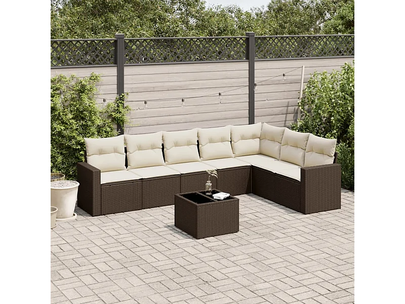 Set di mobili da giardino da 8 pezzi con cuscini marroni in resina intrecciata