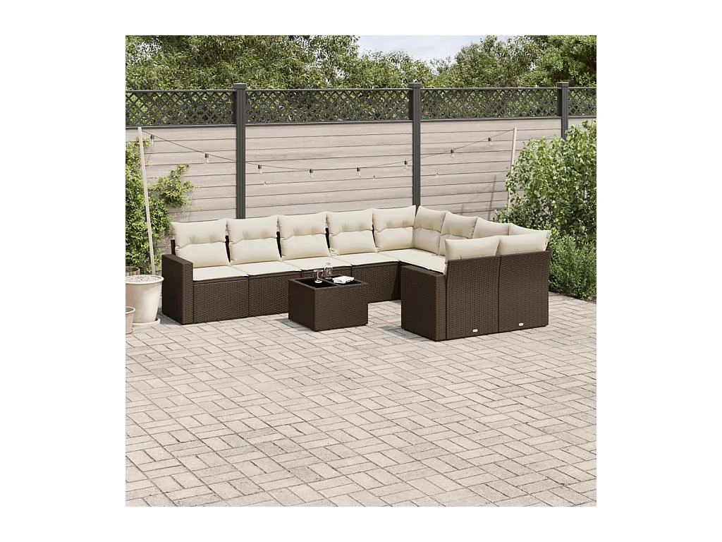 Set di mobili da giardino da 10 pezzi con cuscini marroni in resina intrecciata