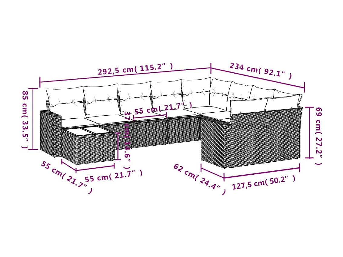 Conjunto de móveis de jardim de 10 peças com almofadas marrons em resina trançada