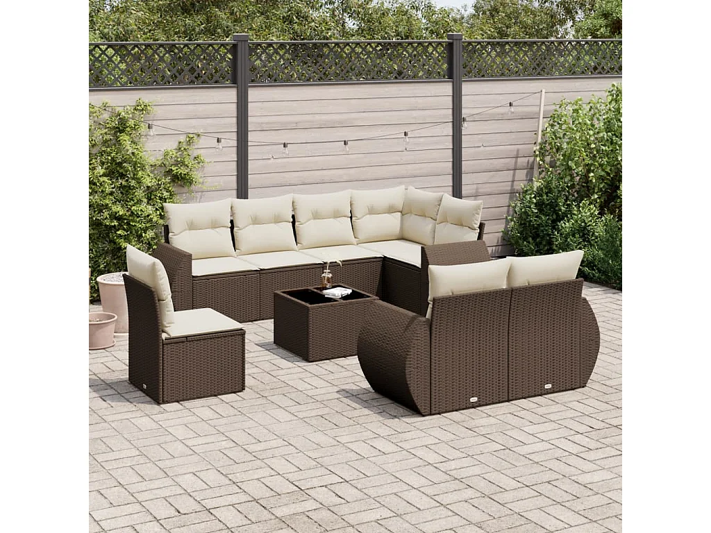 Salon de jardin avec coussins 9 pcs marron résine tressée