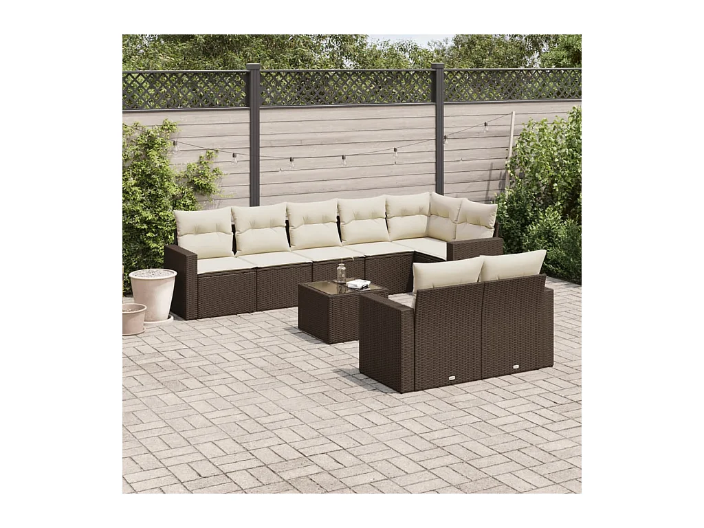 Set mobili da giardino con cuscini 9 pezzi in vimini marrone resina