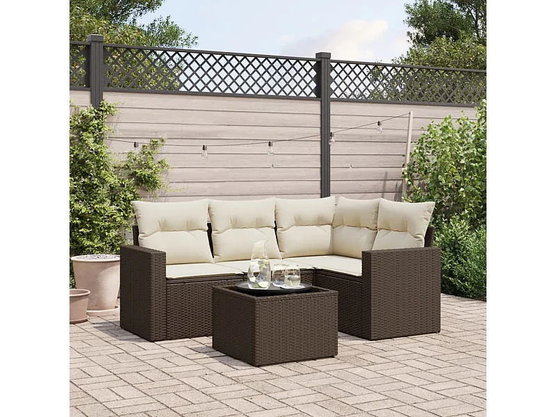 Salon de jardin avec coussins 5 pcs marron résine tressée