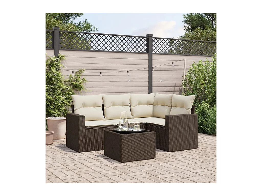 Salon de jardin avec coussins 5 pcs marron résine tressée