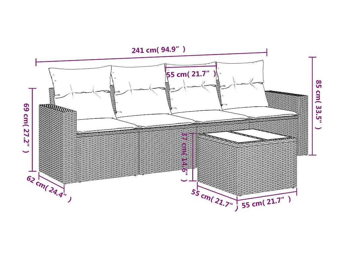 Set di mobili da giardino con cuscini 5 pezzi in resina intrecciata marrone
